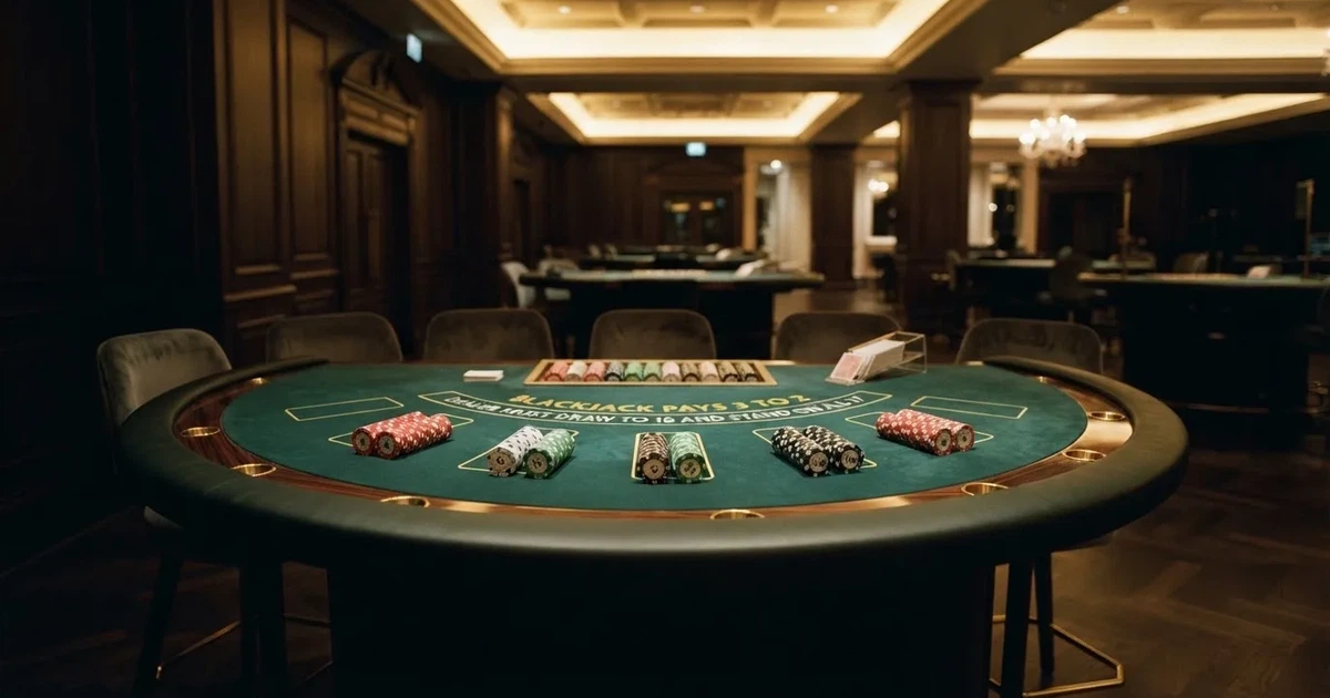 Ett halvmåneformat kortbord i en tyst sal, spelmarker framför varje plats och mjukt takljus — online spelautomater i sverige