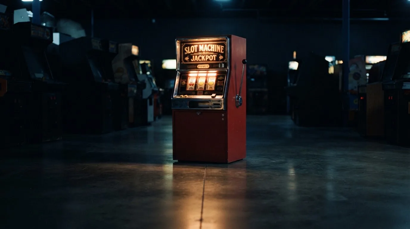 En gammal spelautomat lyser i den dunkla hallen och speglar sig i golvet — populära casinon i sverige
