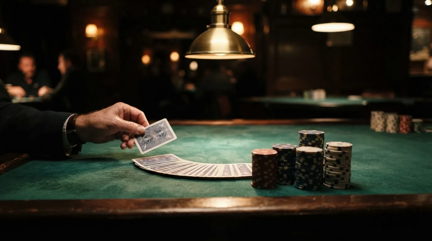 Kortlek och staplar av spelmarker på ett grönt filtbord i en dunkel salong, varmt lampsken — roulette gratis i sverige