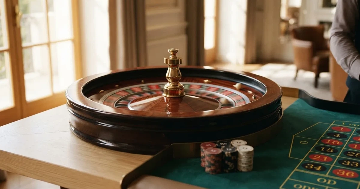 Ett lyckohjul med träpil snurrar i ett ljust rum, de färgglada fälten suddiga av farten — roulette med bonus i sverige