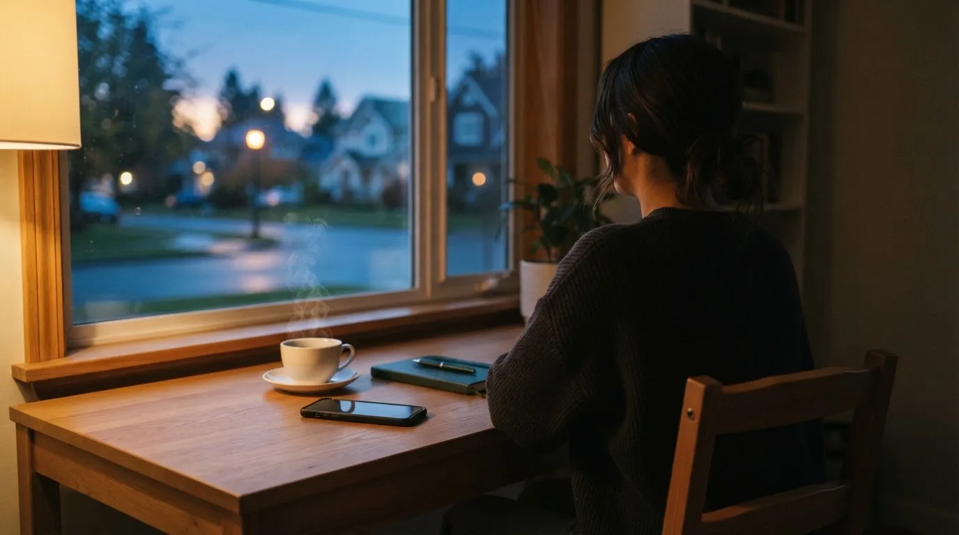 En person sitter vid ett skrivbord hemma med en kopp kaffe och tittar ut genom fönstret medan kvällsljuset faller in mjukt.