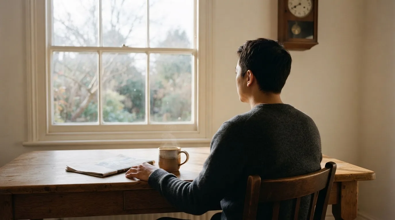 En person sitter vid köksbordet med en kopp kaffe och tittar ut genom fönstret i mjukt morgonljus.