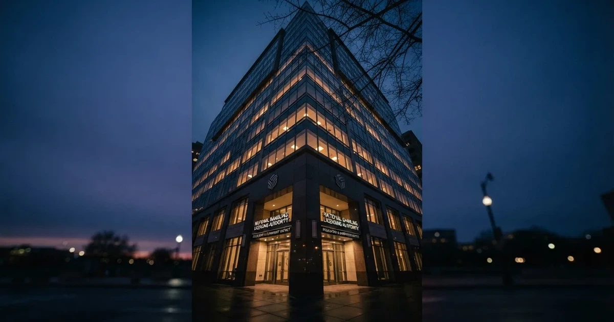 En modern kontorsbyggnad fotograferad underifrån i skymning med tända fönster mot en mörkblå himmel.