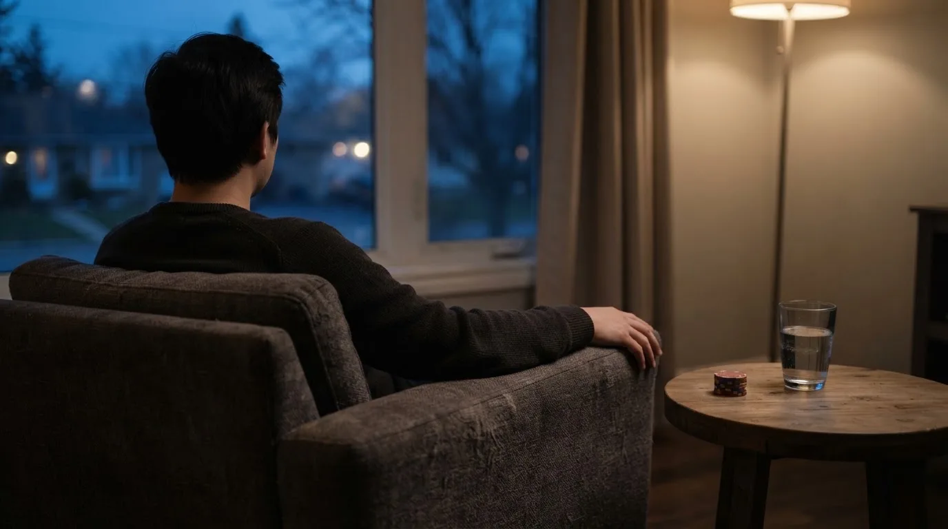 En person sitter ensam i en fåtölj med händerna knäppta och blicken riktad ut genom fönstret en lugn kväll.