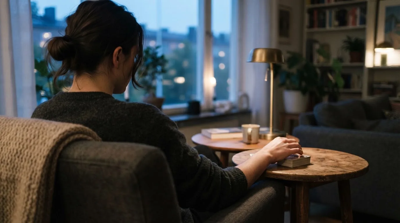 En person sitter hemma i en fåtölj och blandar en kortlek på ett litet bord, med mjukt kvällsljus genom fönstret i bakgrunden.