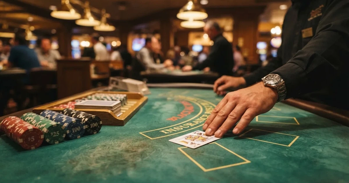 En närbild av ett grönt blackjackbord med kortlek, spelmarker i olika färger och suddiga händer som delar korten i mjukt ljus.