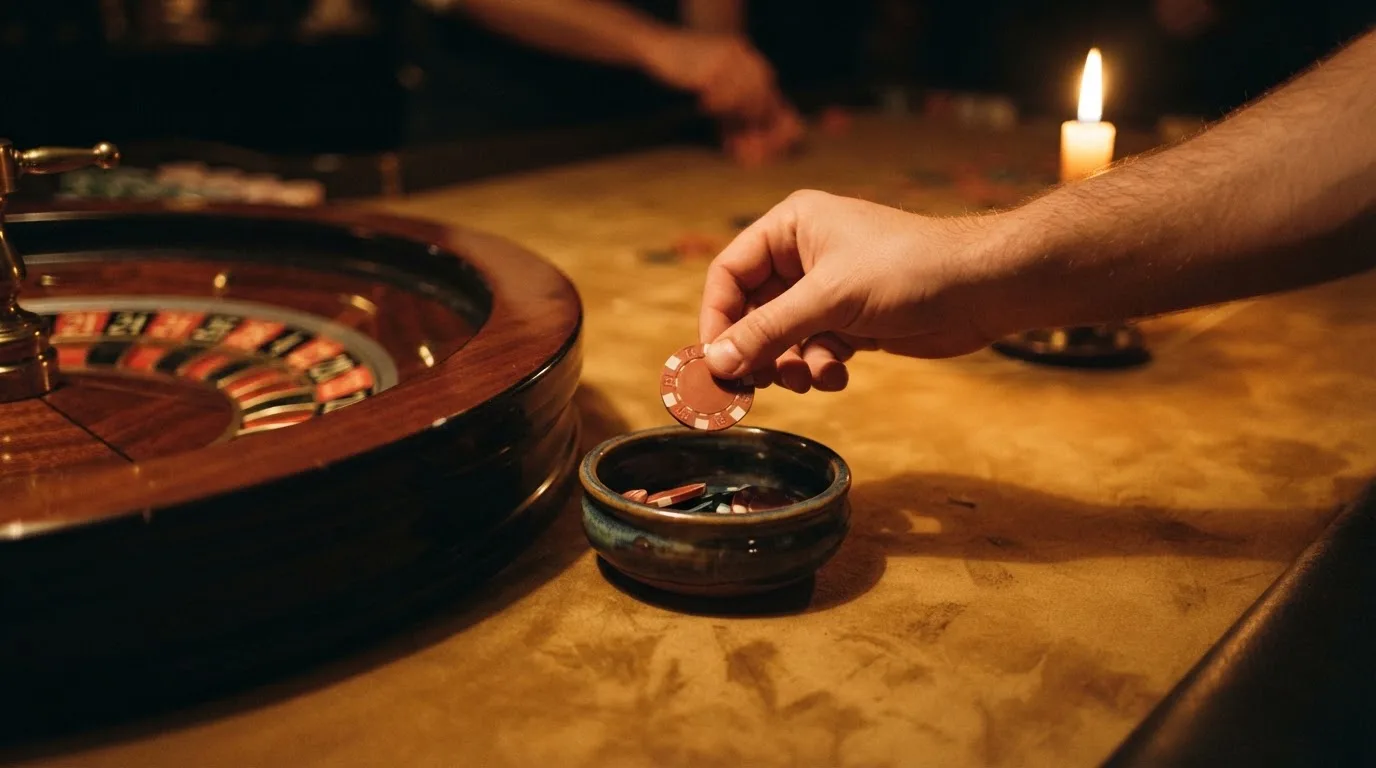 En hand lyfter en spelmark ur en skål, ljuslågan färgar bordet gyllenbrunt — spela roulette i sverige