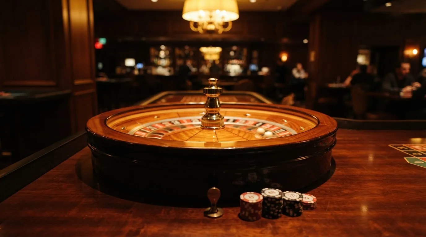 Ett roulettehjul snurrar på ett blankt träbord, den vita kulan glimmar i takljusets guld — spela spelautomater i sverige