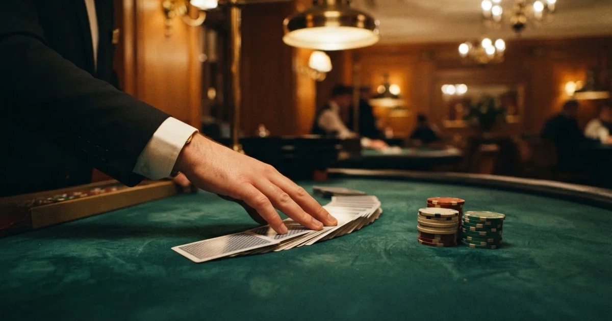 Croupierens händer blandar kort på grönt filt, taklampan speglas i den blanka kortbunten — spela spelautomater i sverige