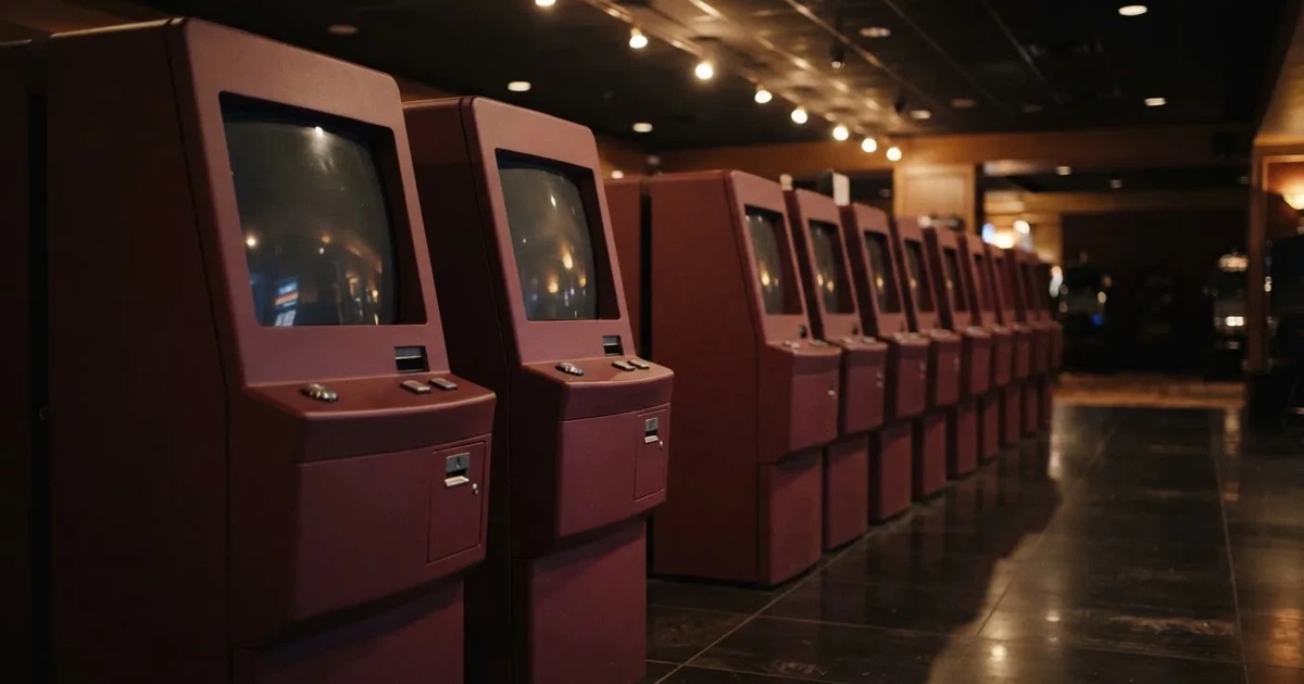 Rader av tomma spelautomater med släckta skärmar står uppställda i ett dimmat rum, fotograferat snett från sidan.