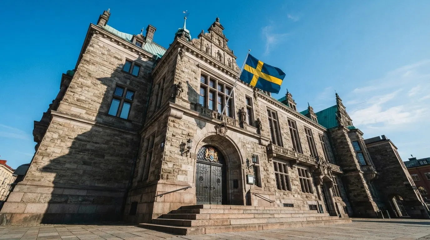 Ett gammalt stadshus i sten fotograferat underifrån mot en klarblå himmel, med den svenska flaggan som fladdrar ovanför entrén.