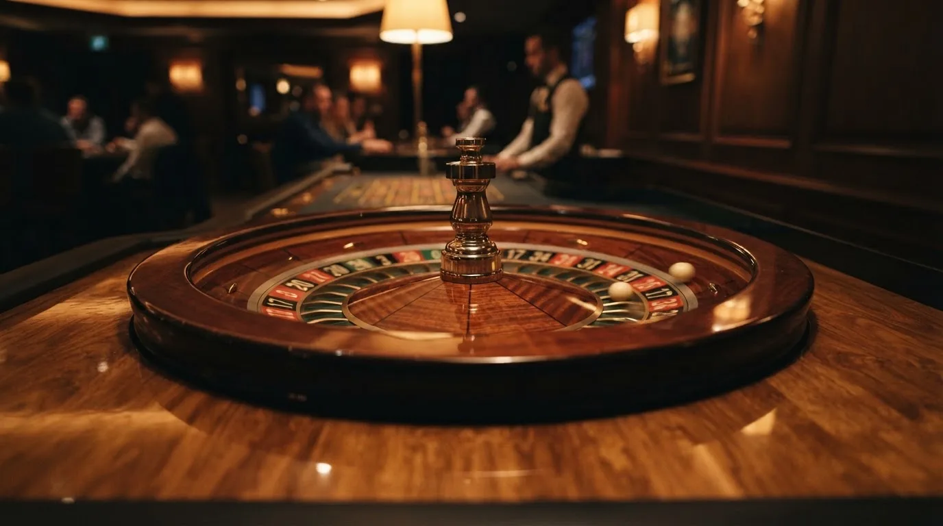 Ett roulettehjul snurrar på ett blankt träbord, den vita kulan glimmar i takljusets guld — svenska casino betala med telefon