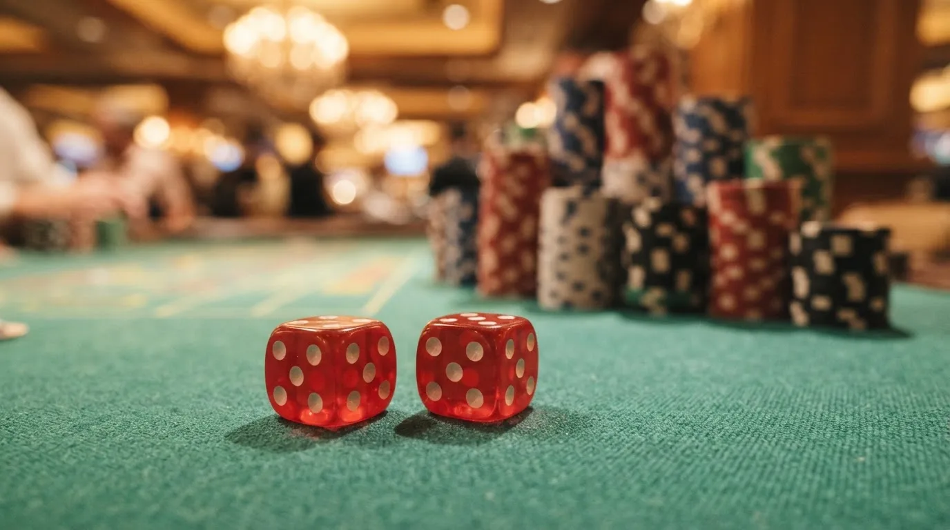 Röda tärningar vilar på grönt filt, bakom dem suddiga torn av spelmarker i kvällsdunklet — svenska casinon för high rollers