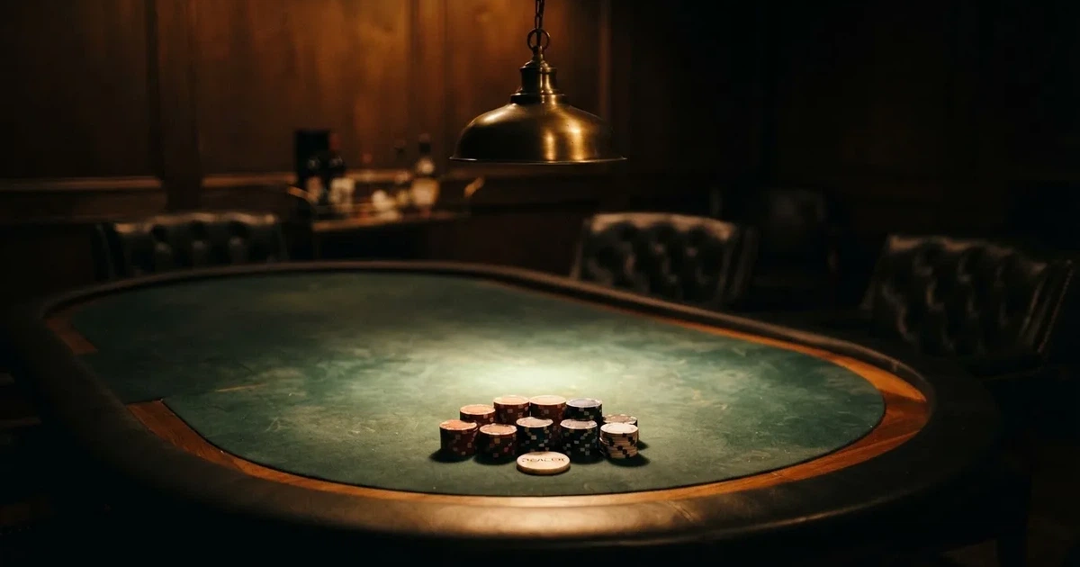 Ett ovalt pokerbord under en lågt hängande lampa, med spelmarker och en vit bricka i ljuset — svenska casinon för high rollers