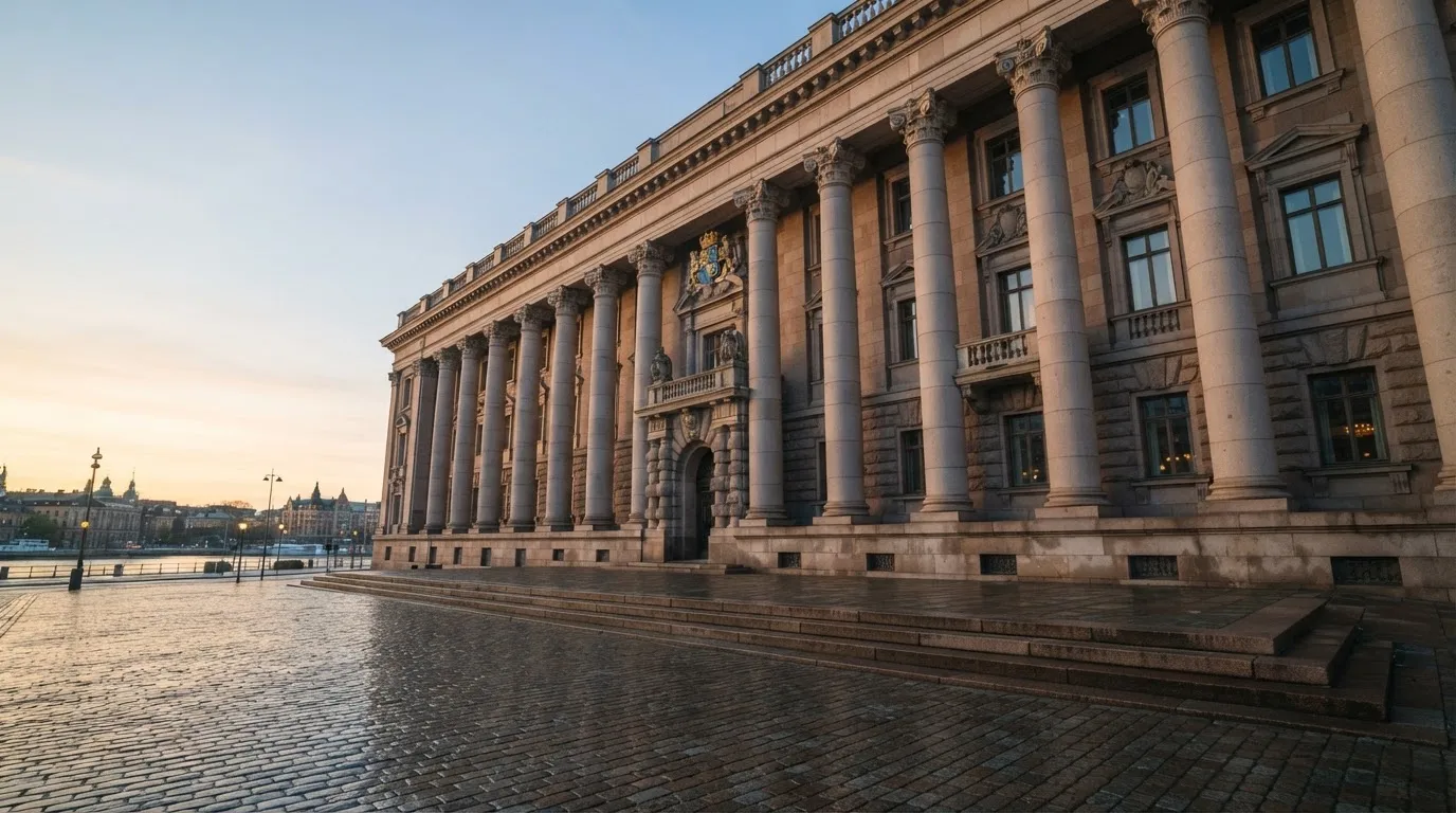 Stenfasad på en statlig byggnad i Stockholm vid gryning, höga pelare och ett tomt torg framför — svenska casinon för high rollers