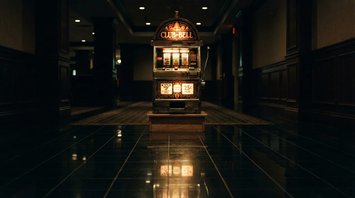 En gammal spelautomat lyser i den dunkla hallen och speglar sig i golvet — svenska casinon för storspelare