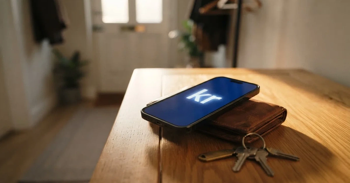 En läderplånbok och en nyckelknippa på en byrå, morgonljus genom dörrens glasruta — svenska casinon med apple pay