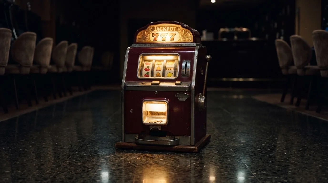 En gammal spelautomat lyser i den dunkla hallen och speglar sig i golvet — svenska casinon med banköverföring