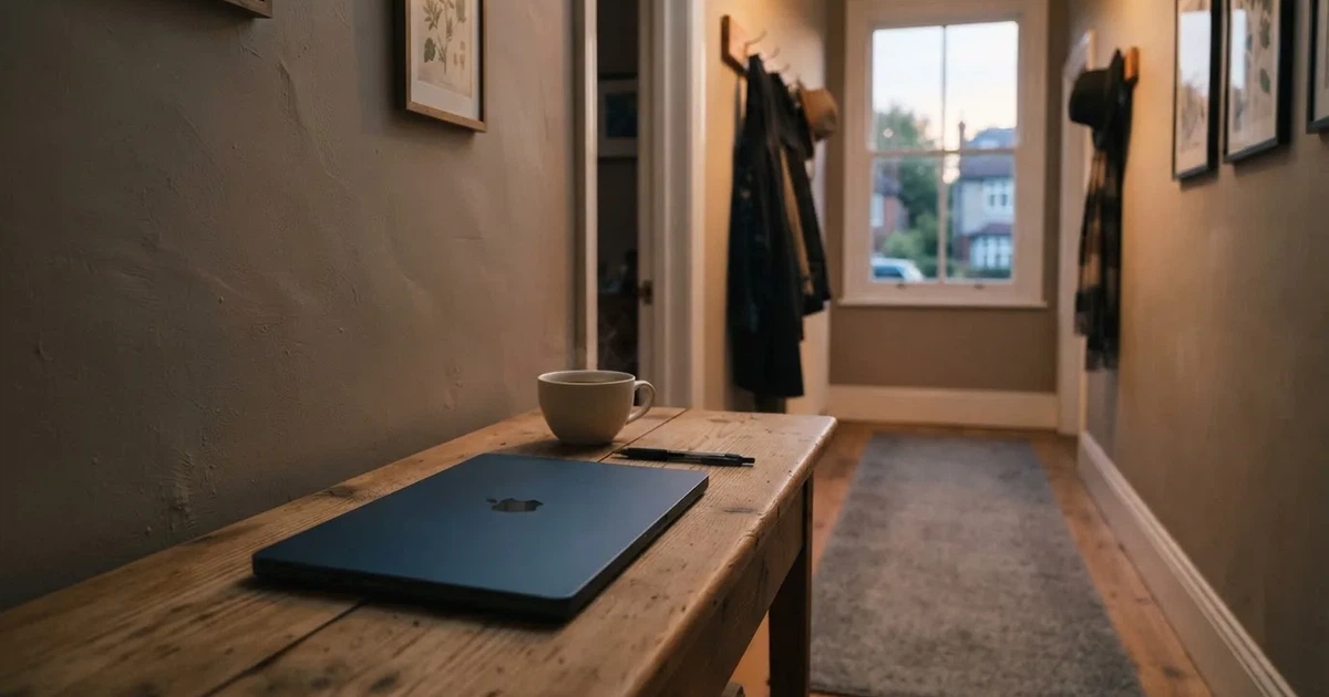 Kaffekopp och penna på ett smalt hallbord i skymning, en stängd bärbar dator vid sidan — svenska casinon med banköverföring