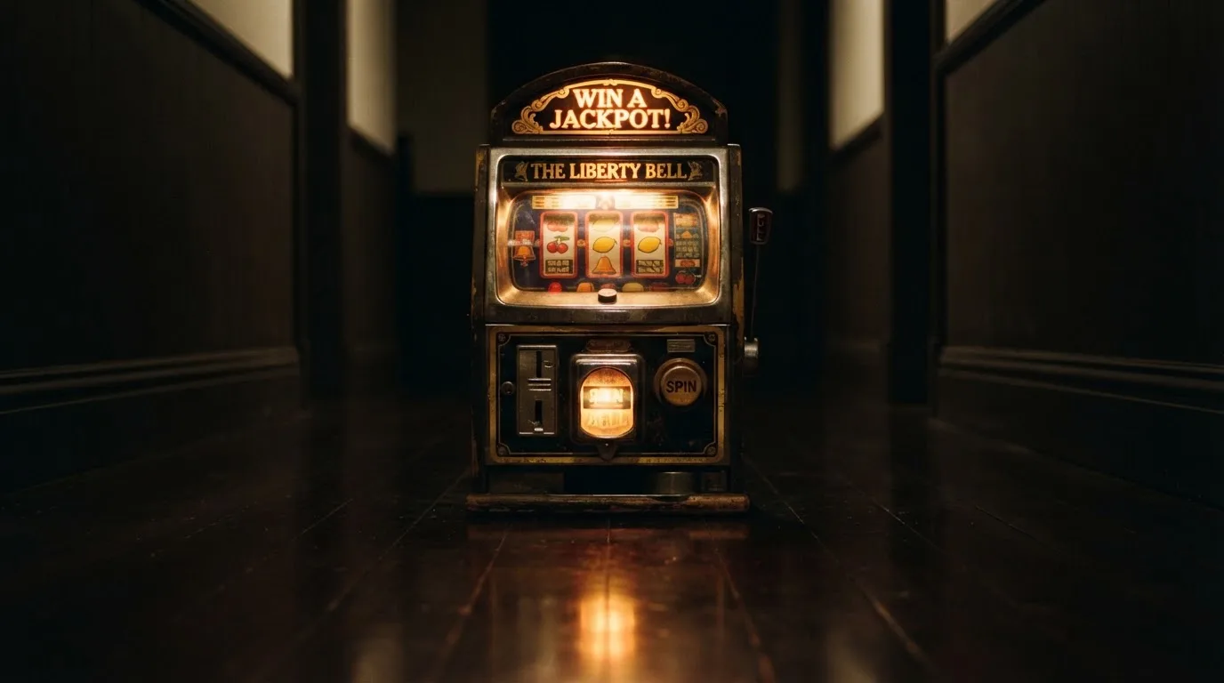 En gammal spelautomat lyser i den dunkla hallen och speglar sig i golvet — svenska casinon med bitcoin
