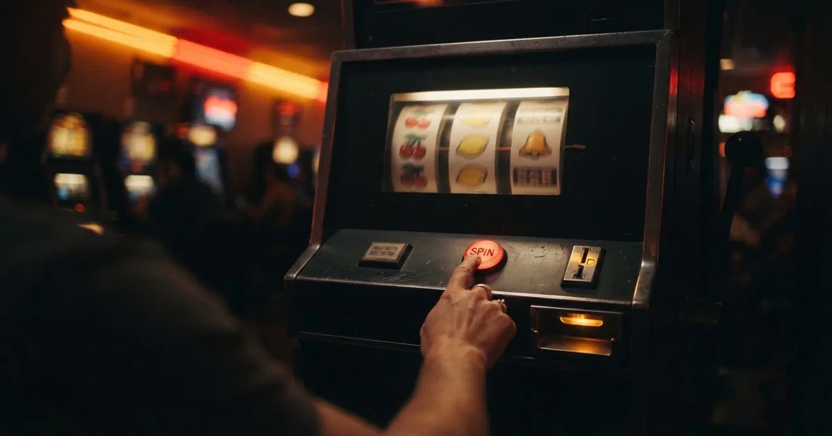 Ett finger trycker på spelautomatens klarröda knapp i dunklet, neonljus lyser runt omkring — svenska casinon med bonus