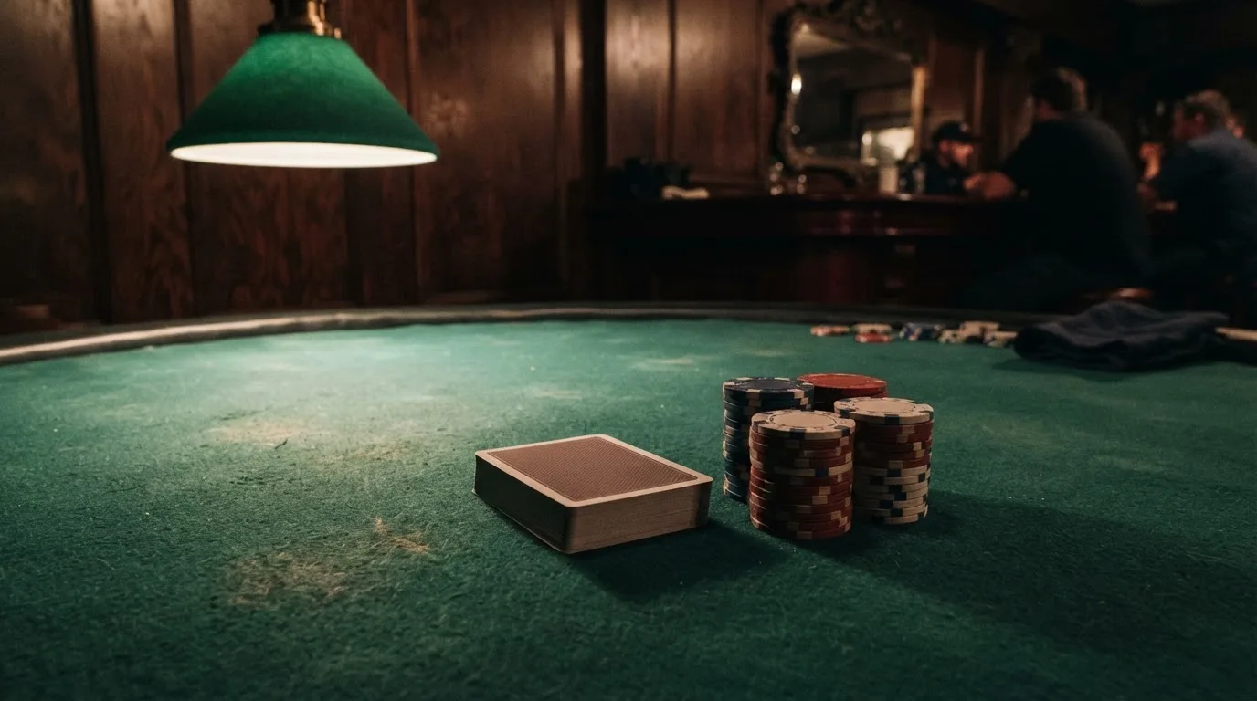 Kortlek och staplar av spelmarker på ett grönt filtbord i en dunkel salong, varmt lampsken — svenska casinon med faktura