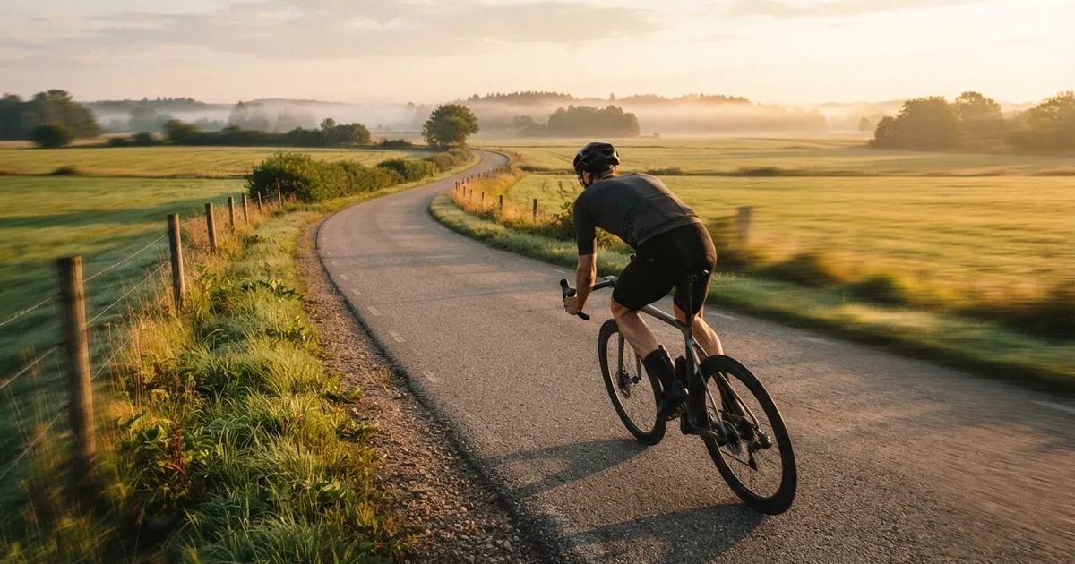En cyklist susar längs en landsväg vid soluppgång, farten gör åkrarna suddiga i bakgrunden — svenska casinon med faktura