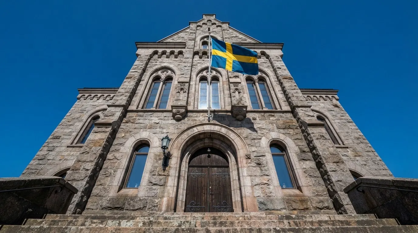 Ett gammalt stadshus i sten fotograferat underifrån mot en klarblå himmel, med den svenska flaggan som fladdrar ovanför entrén.