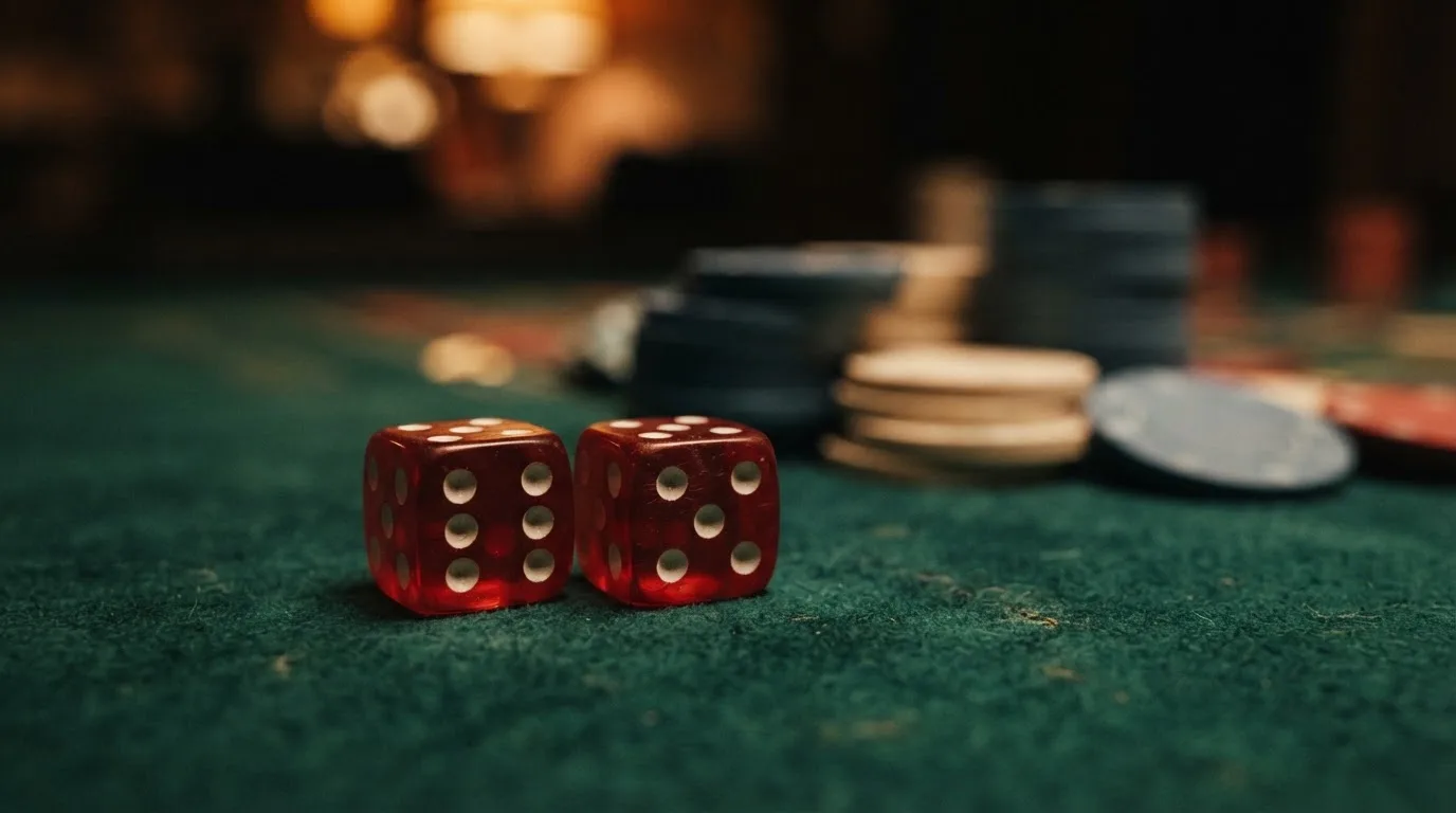 Röda tärningar vilar på grönt filt, bakom dem suddiga torn av spelmarker i kvällsdunklet — svenska casinon med google pay