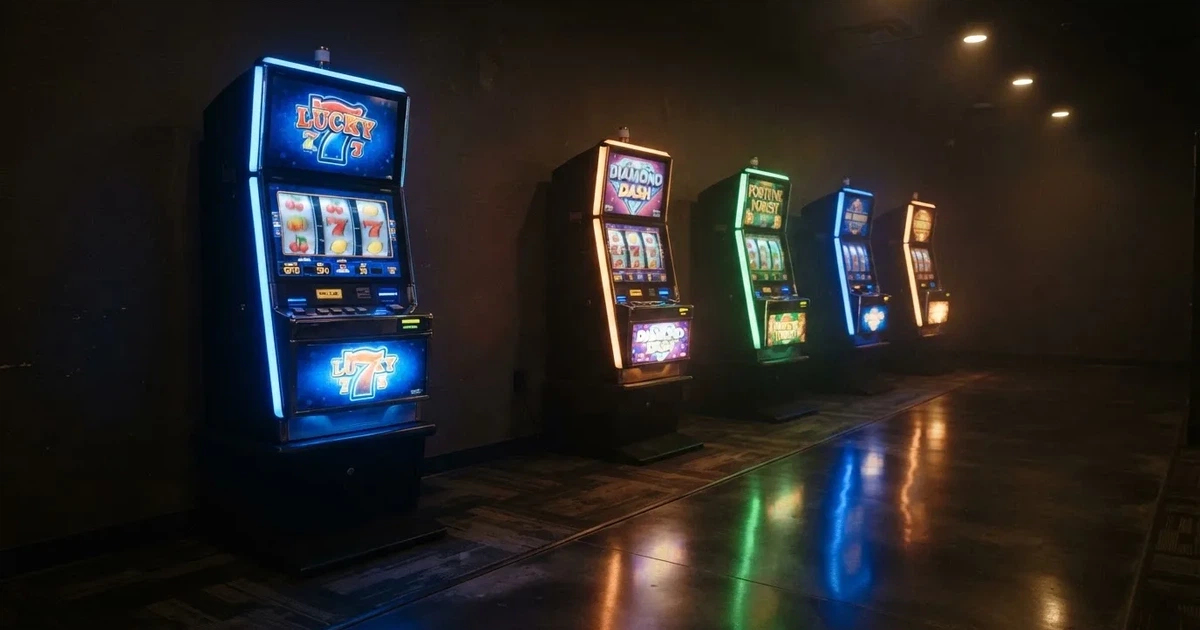 En rad spelskåp i en dunkel hall, rullarna lyser i olika färger och golvet speglar dem — svenska casinon med högst rtp