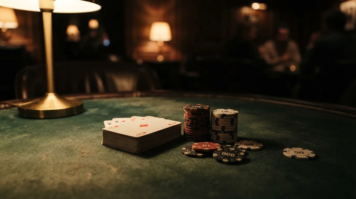 Kortlek och staplar av spelmarker på ett grönt filtbord i en dunkel salong, varmt lampsken — svenska casinon med jeton