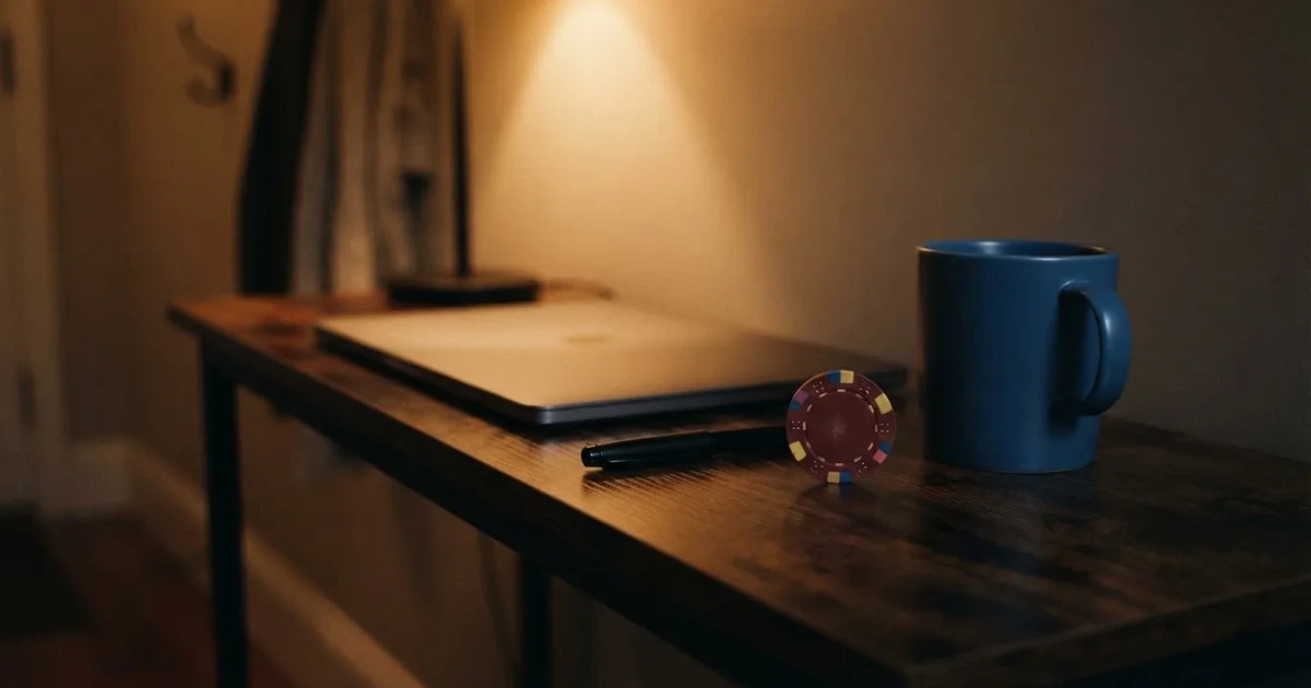 Kaffekopp och penna på ett smalt hallbord i skymning, en stängd bärbar dator vid sidan — svenska casinon med jeton
