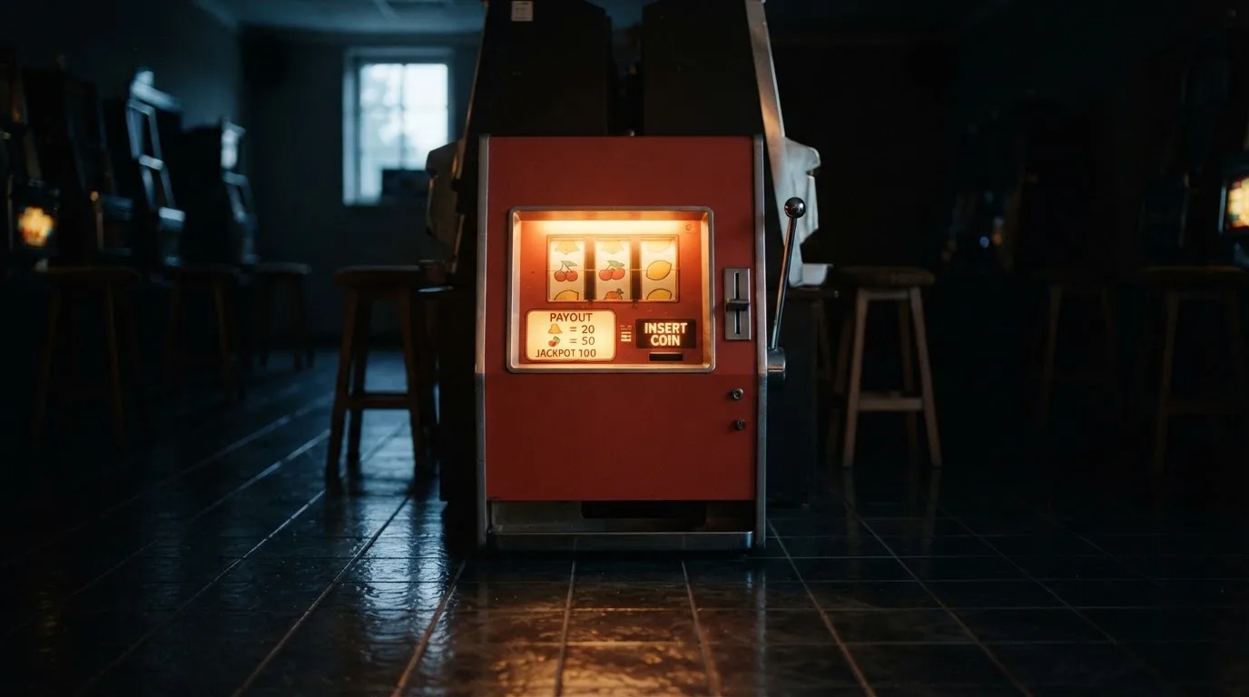 En gammal spelautomat lyser i den dunkla hallen och speglar sig i golvet — svenska casinon med keno
