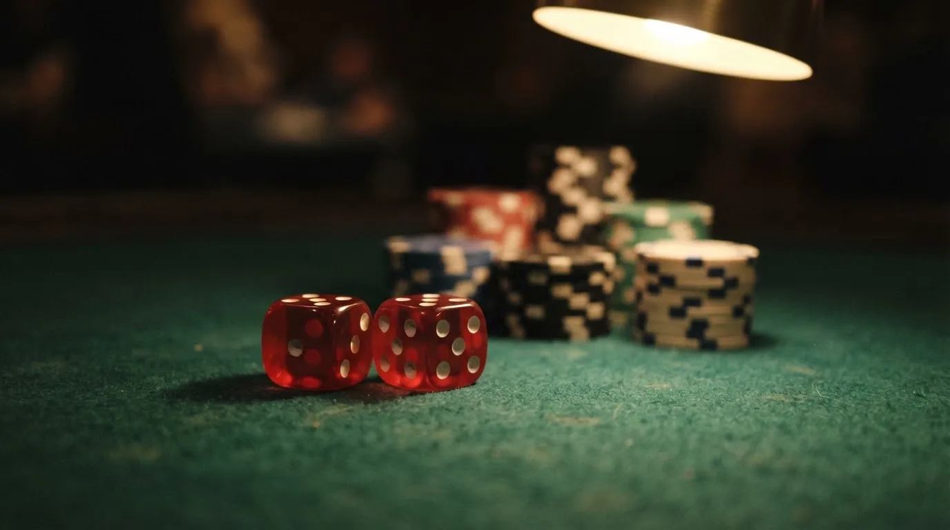 Röda tärningar vilar på grönt filt, bakom dem suddiga torn av spelmarker i kvällsdunklet — svenska casinon med klarna