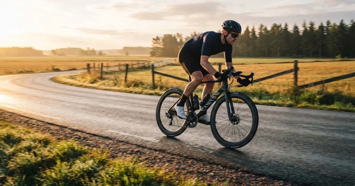 En cyklist susar längs en landsväg vid soluppgång, farten gör åkrarna suddiga i bakgrunden — svenska casinon med klarna