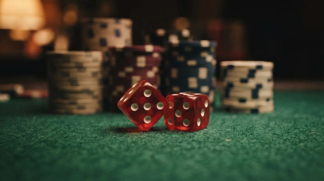 Röda tärningar vilar på grönt filt, bakom dem suddiga torn av spelmarker i kvällsdunklet — svenska casinon med litecoin