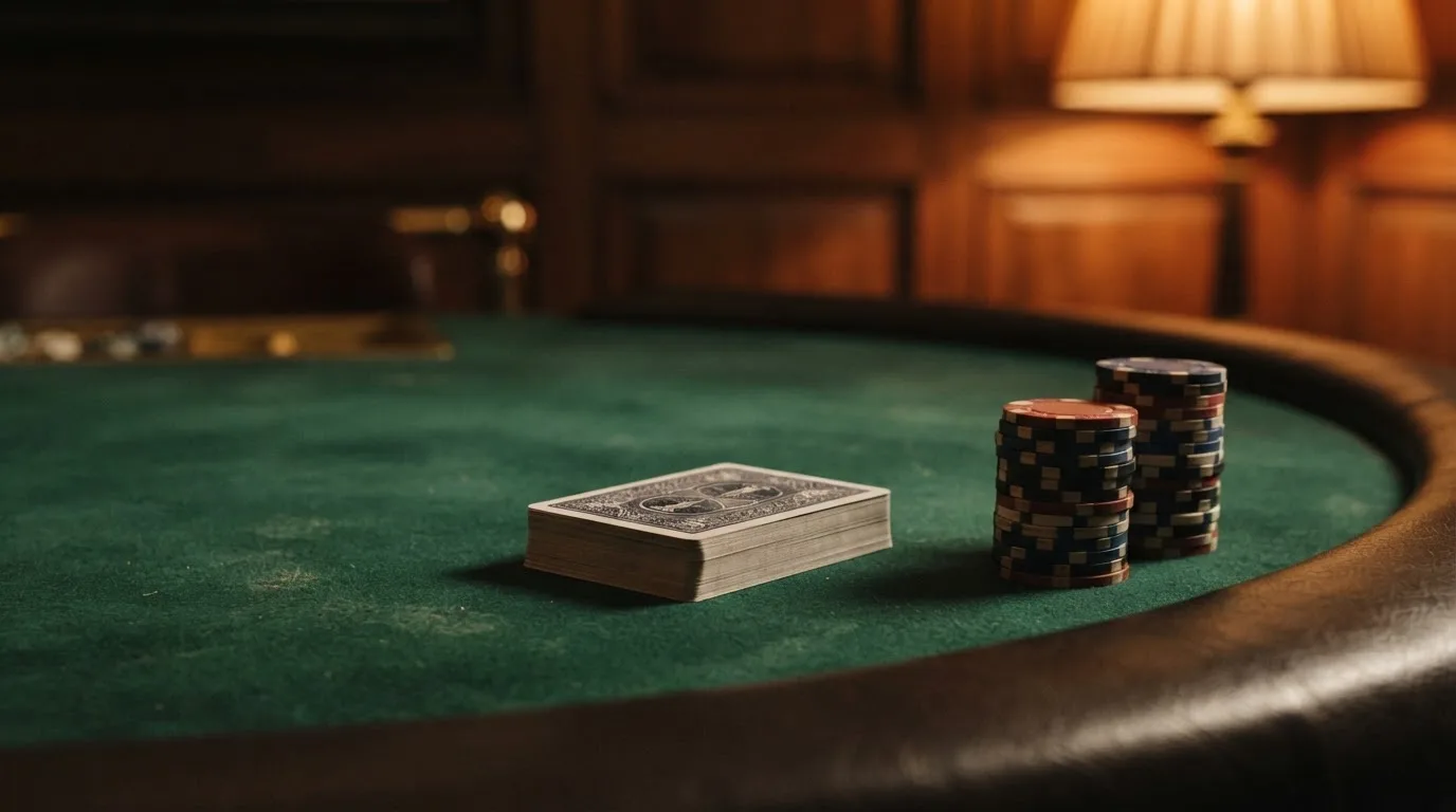 Kortlek och staplar av spelmarker på ett grönt filtbord i en dunkel salong, varmt lampsken — svenska casinon med mastercard