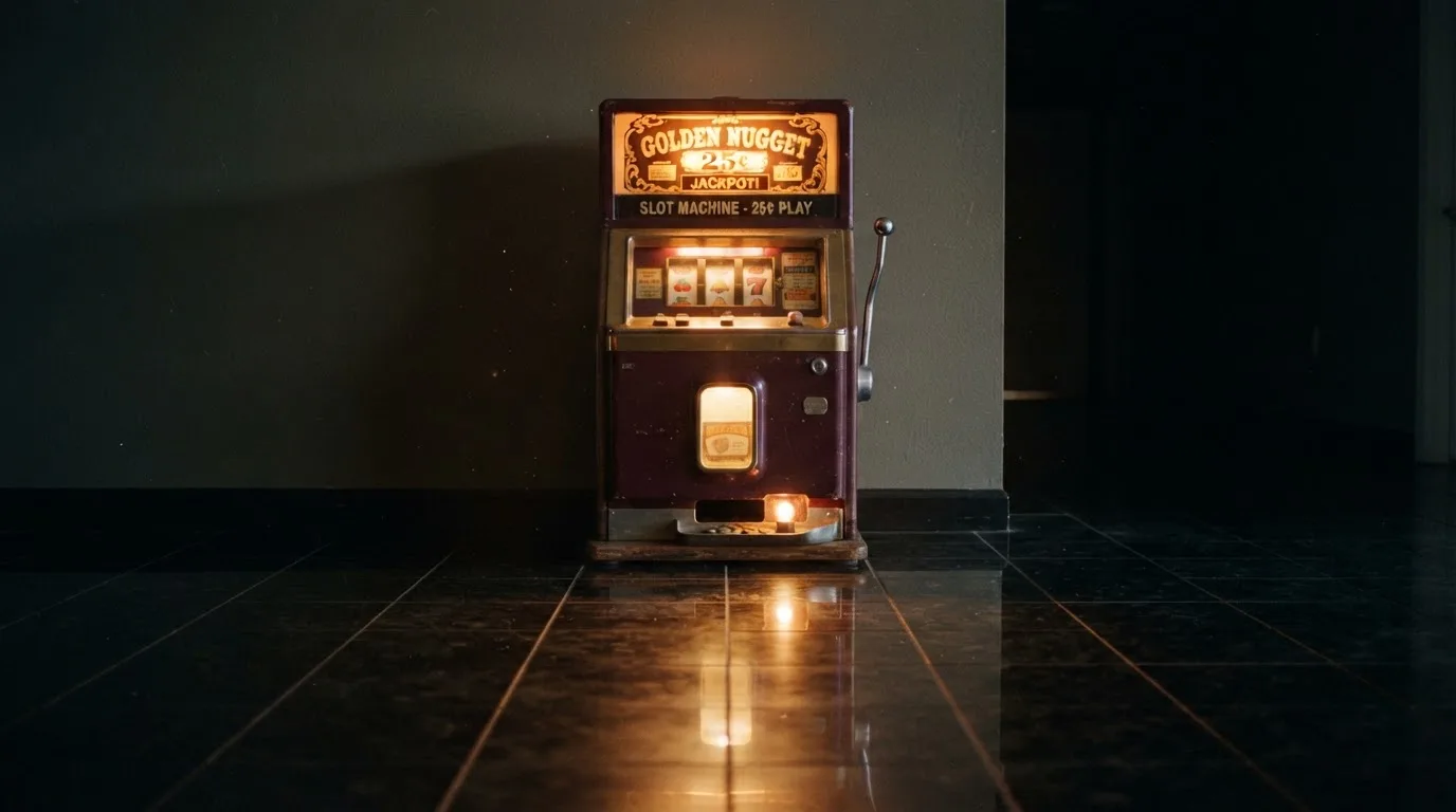 En gammal spelautomat lyser i den dunkla hallen och speglar sig i golvet — svenska casinon med mga licens