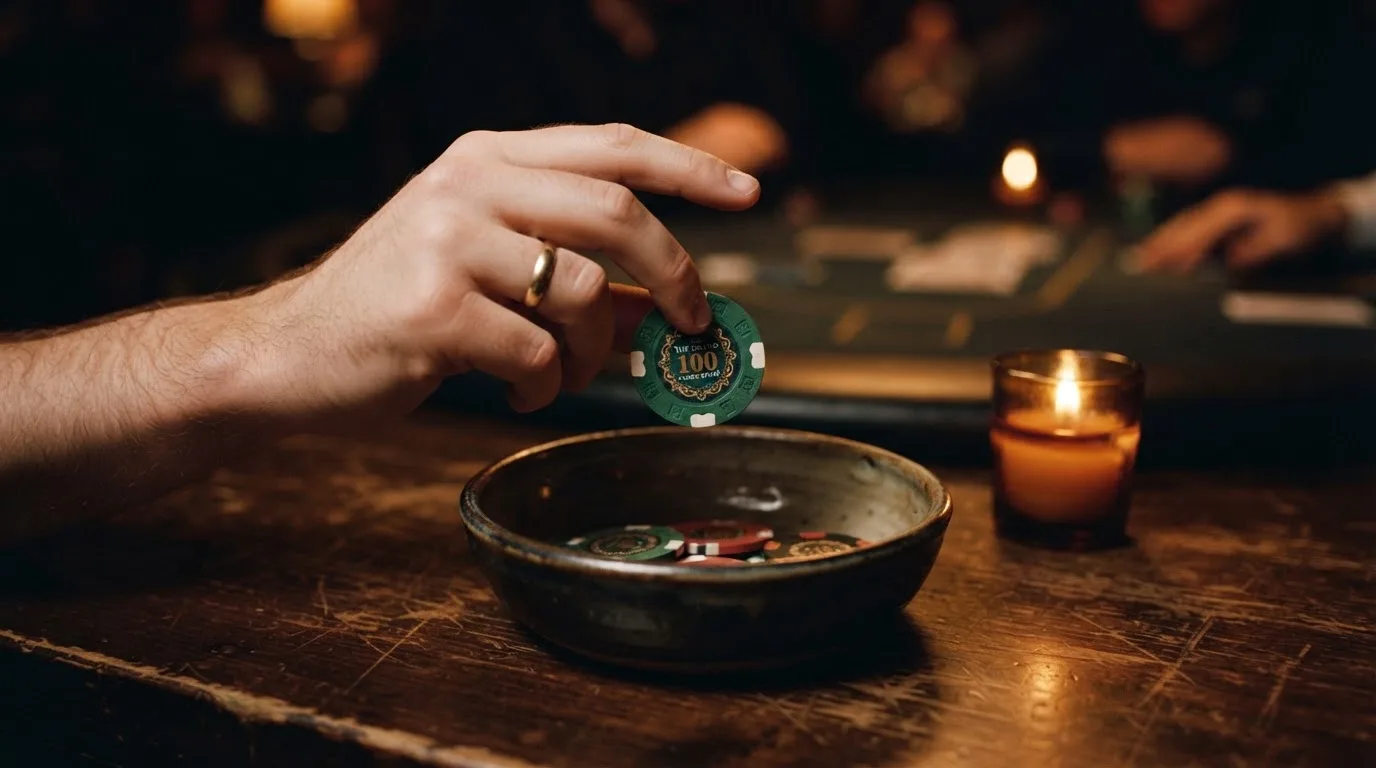 En hand lyfter en spelmark ur en skål, ljuslågan färgar bordet gyllenbrunt — svenska casinon med muchbetter