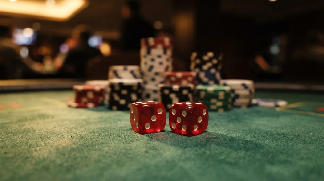 Röda tärningar vilar på grönt filt, bakom dem suddiga torn av spelmarker i kvällsdunklet — svenska casinon med neosurf