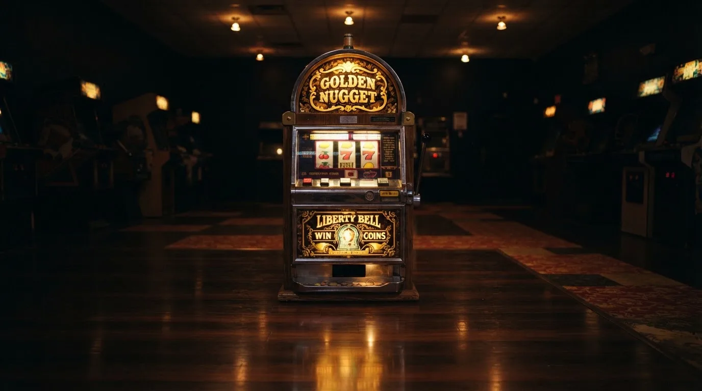 En gammal spelautomat lyser i den dunkla hallen och speglar sig i golvet — svenska casinon med neteller