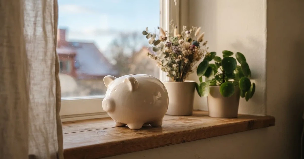 En porslinsgris på fönsterbrädan i morgonljus, bredvid en torkad blombukett och en grön växt — svenska casinon med neteller