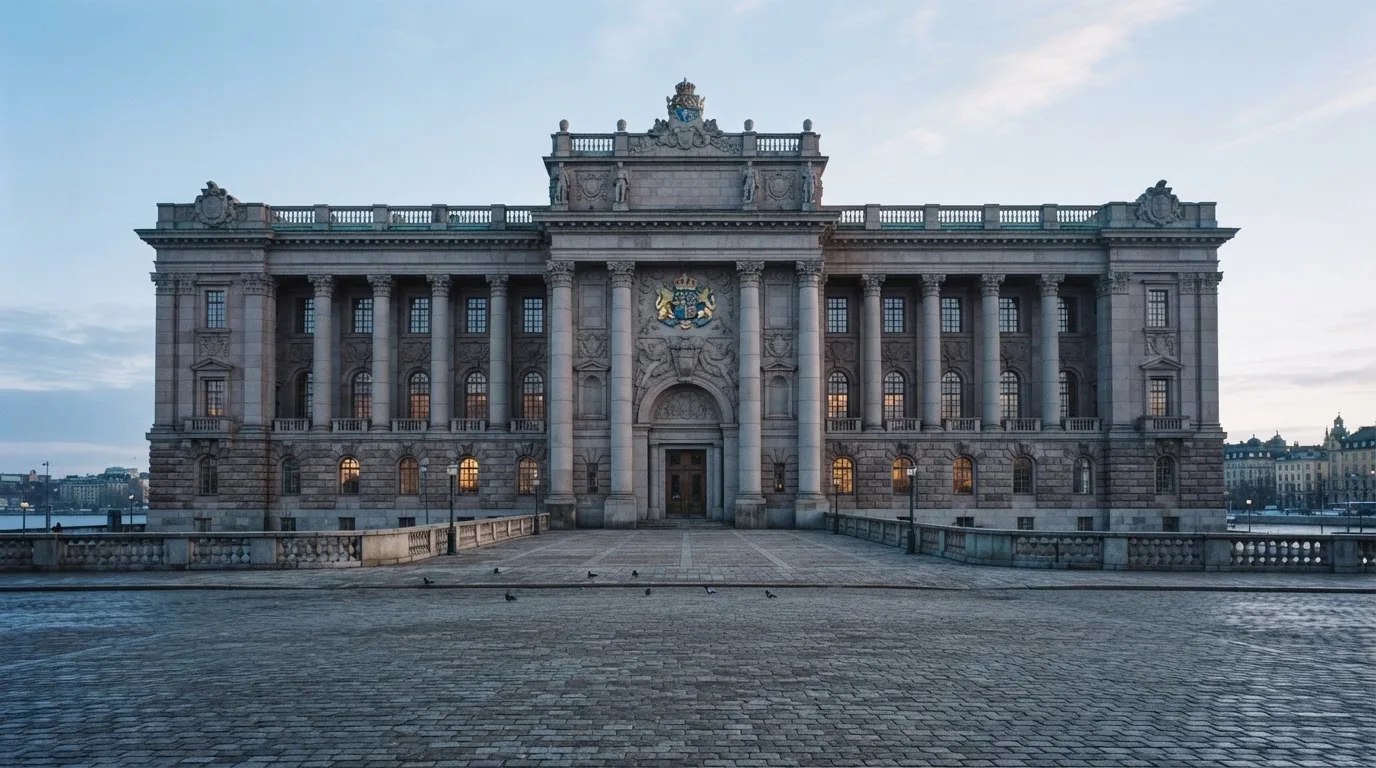 Stenfasad på en statlig byggnad i Stockholm vid gryning, höga pelare och ett tomt torg framför — svenska casinon med neteller