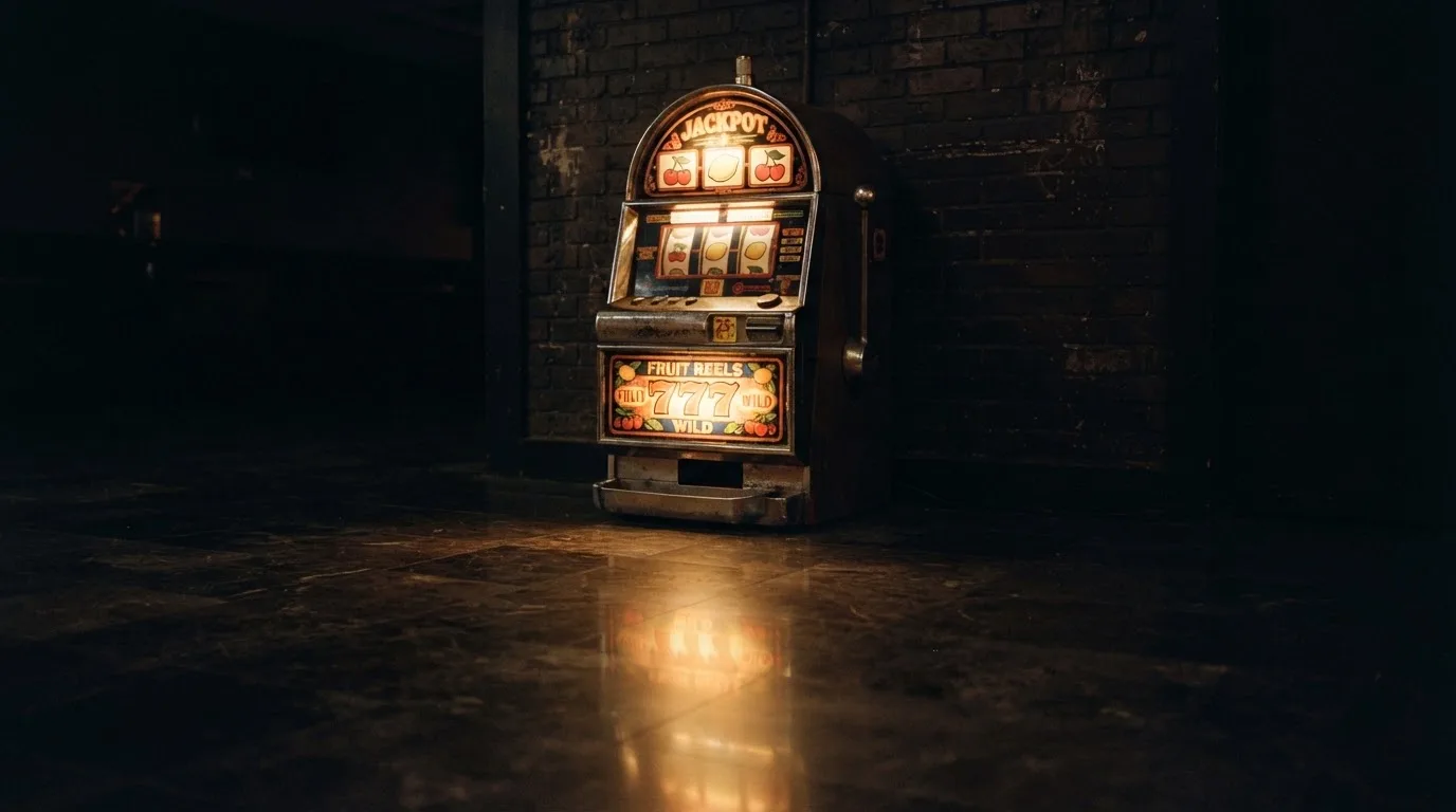 En gammal spelautomat lyser i den dunkla hallen och speglar sig i golvet — svenska casinon med paypal
