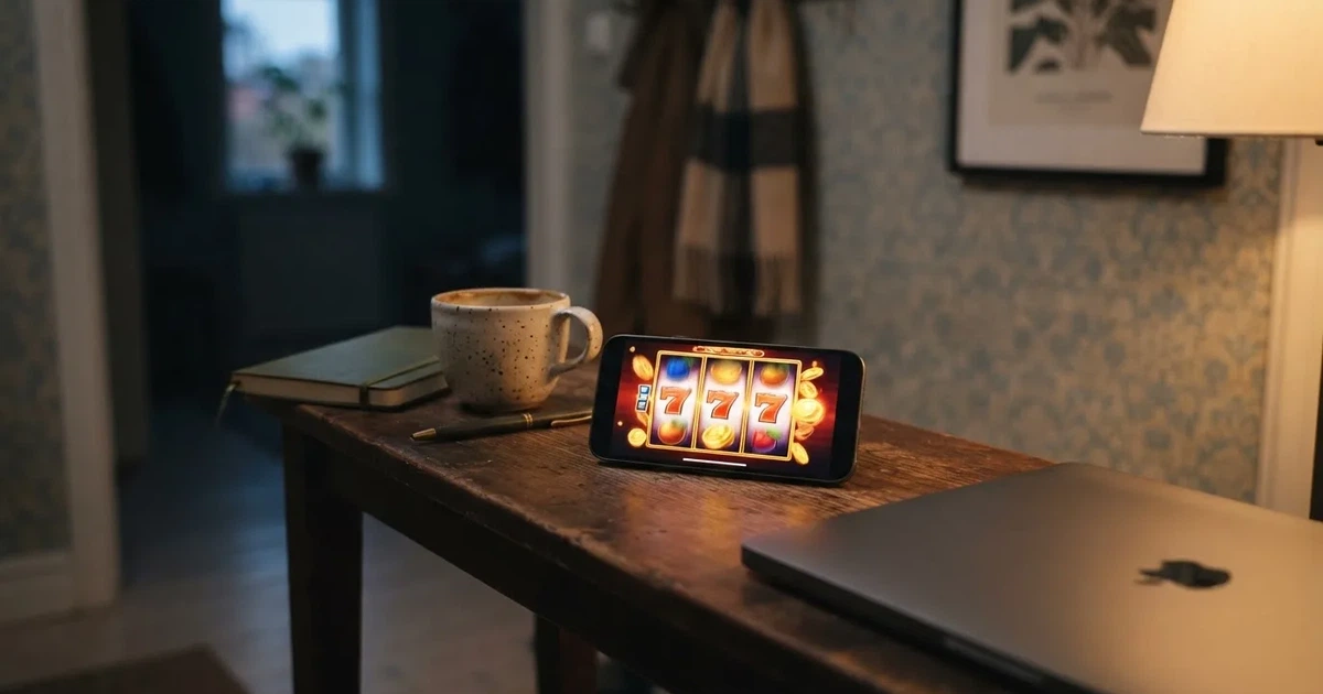 Kaffekopp och penna på ett smalt hallbord i skymning, en stängd bärbar dator vid sidan — svenska casinon med paypal