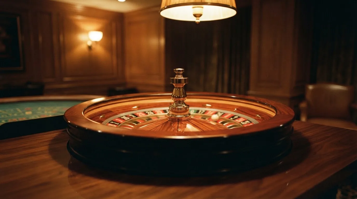 Ett roulettehjul snurrar på ett blankt träbord, den vita kulan glimmar i takljusets guld — svenska casinon med payz