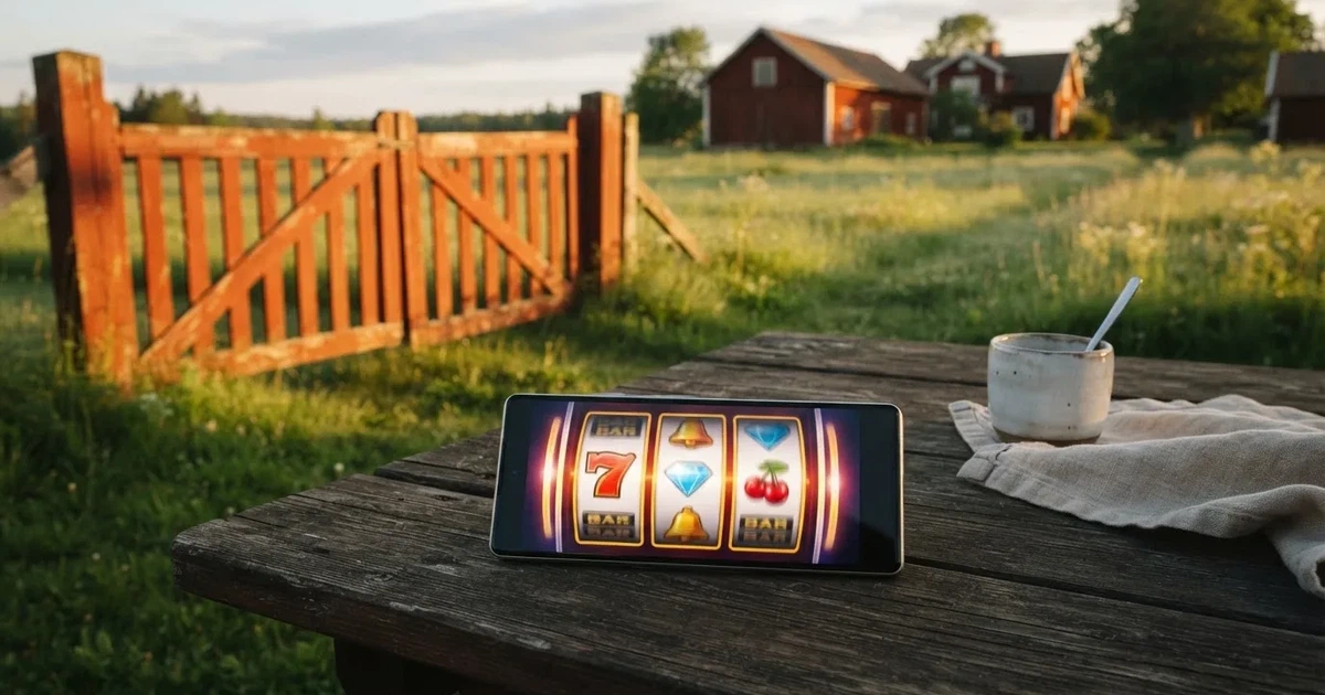 En röd brevlåda vid grinden till en lantgård en sommarkväll, daggigt gräs och långa skuggor — svenska casinon med payz