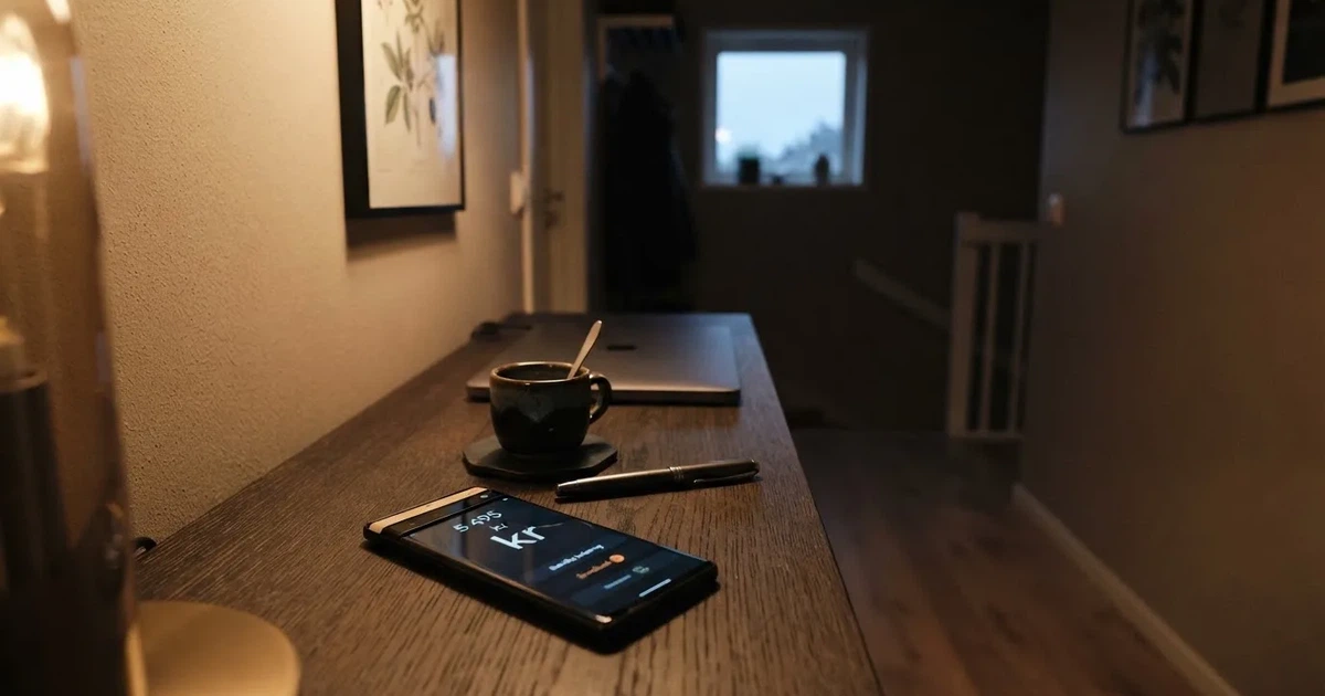 Kaffekopp och penna på ett smalt hallbord i skymning, en stängd bärbar dator vid sidan — svenska casinon med revolut