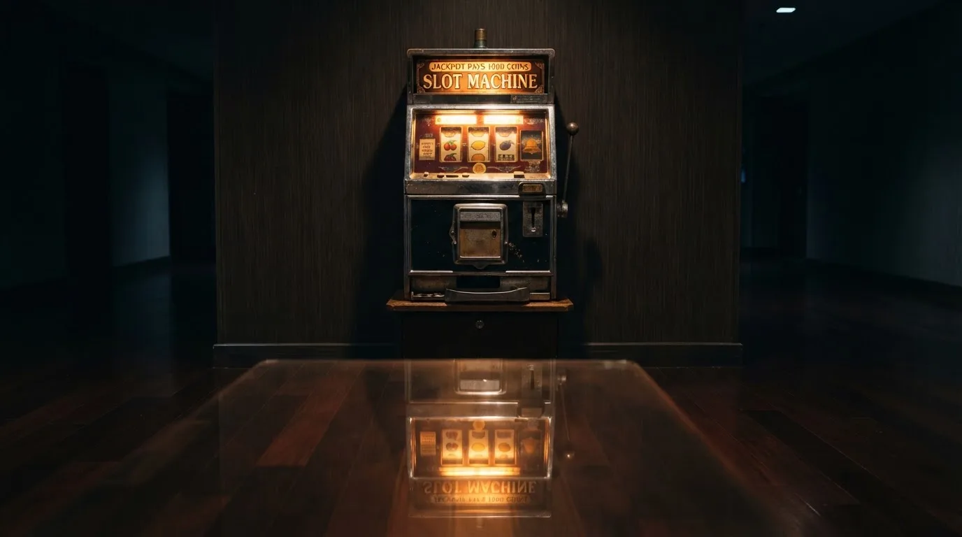 En gammal spelautomat lyser i den dunkla hallen och speglar sig i golvet — svenska casinon med siru