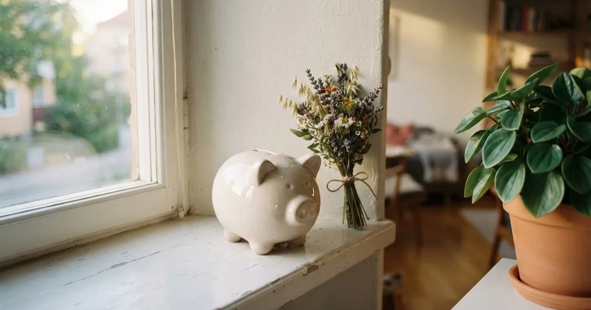 En porslinsgris på fönsterbrädan i morgonljus, bredvid en torkad blombukett och en grön växt — svenska casinon med siru